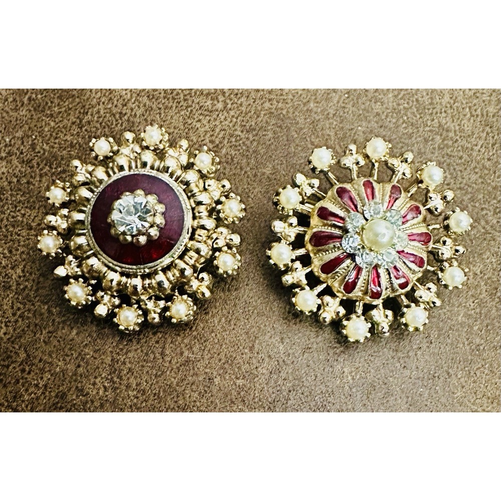Two Vintage Coro Faux Burst Pearls Rhinestone Gold Tone Red Flower Brooch Pin